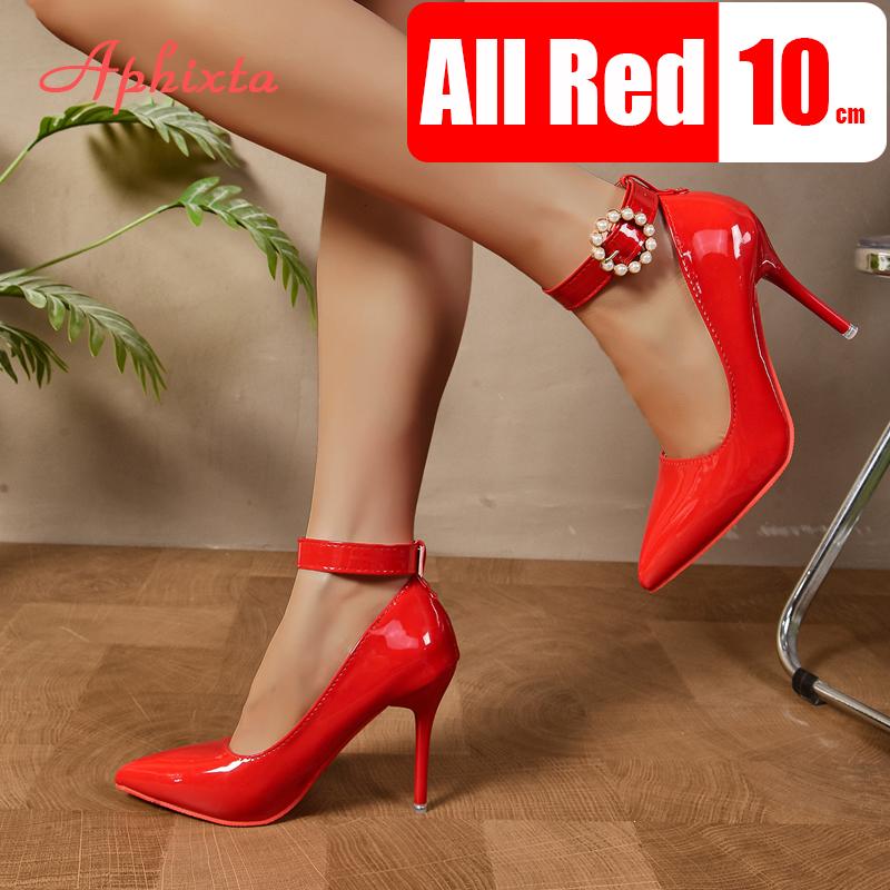 Fashion Aphixta Luxury Pearl Metal Belt Buckle 10cm Stiletto Heels Pumps Women Banquet Shoes Strap Pimp Pointed Toe Size 35-50