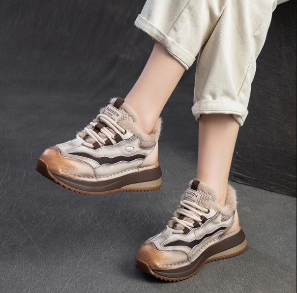 Fashion Genuine Leather Women Boots Lady Platform Flats Plush Warm Causal Autumn Winter Fashion Thick Bottom Sneakers Shoes