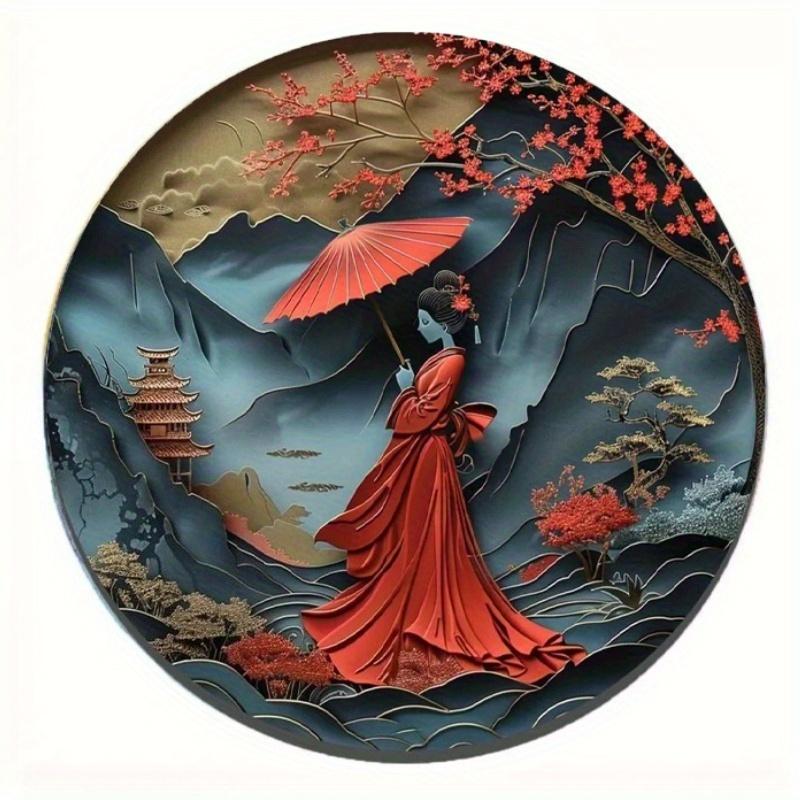 2d Flat 20*20cm, Round Wooden Wall Sign, Japanese Kimono Decorative Art for Door Decor Room Decor, Home Decor with Modern Style.