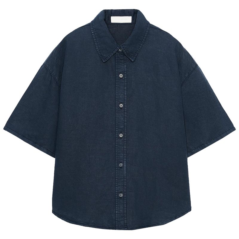 

Zaprha 2025 Autumn New Casual Loose Linen and Cotton Blended Lapel Short sleeve Shirts Top 8727260 Blue L