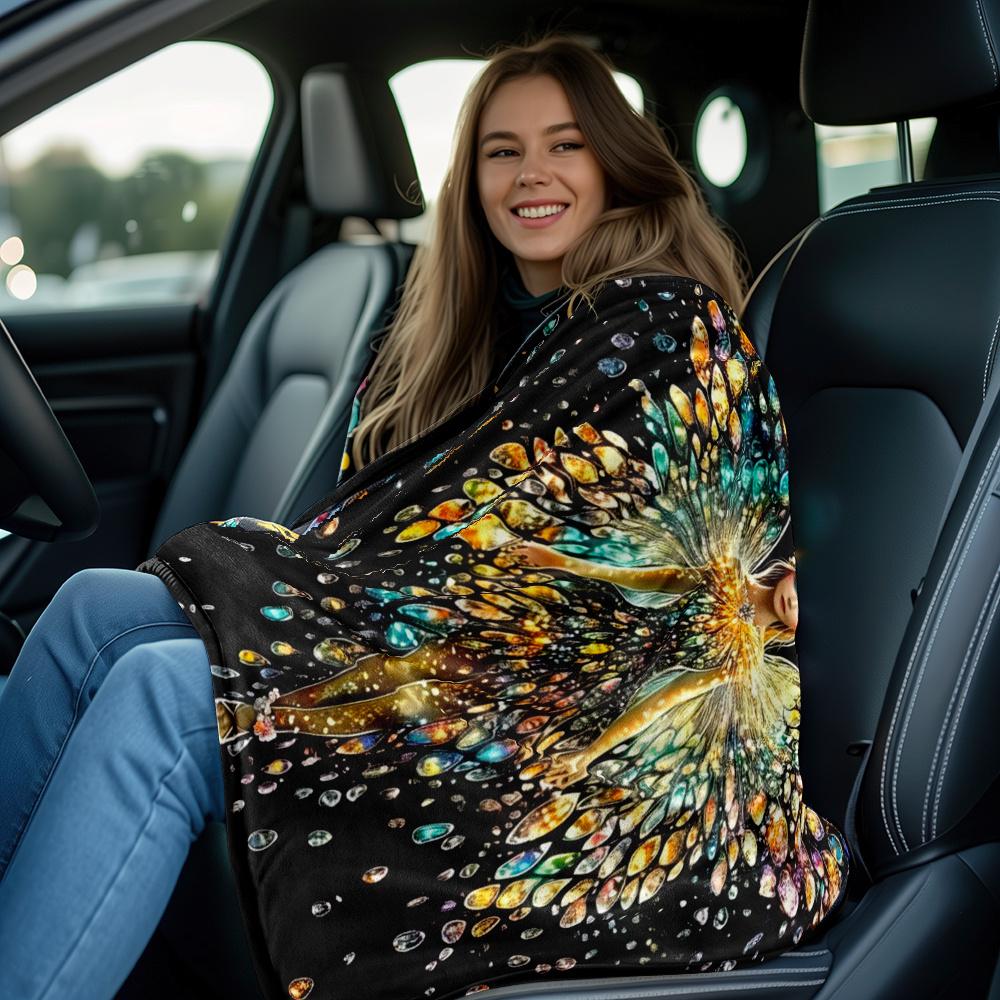 1pc Colorful Fairy Wings Crystal Gem Angel Flannel Blanket Mystical Art Soft Throw Blanket for Bedroom Yoga Meditation DecorGift