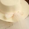 Beach Straw Hat Flat Top Wide Brim Sun Protection Hat with Tulle Bow Imitation Pearls Decor Hand-Woven Breathable Summer Hat