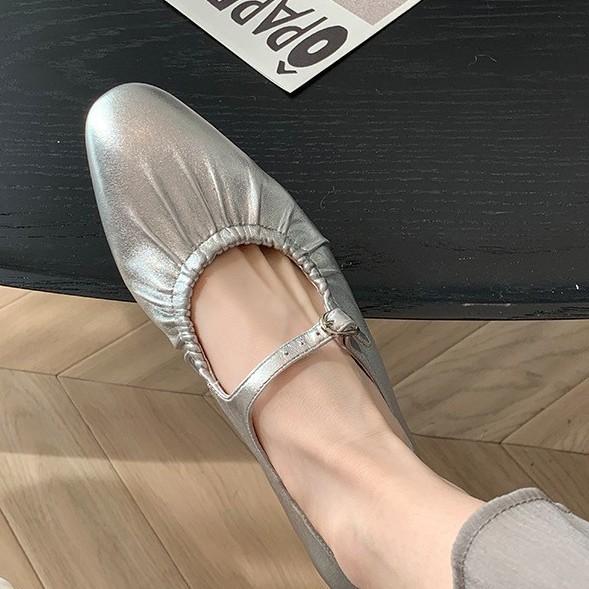 Sheepskin Version~ High-end Leather Shoes Versatile Silver Mary Jane Shoes Women's Light Mouth Single Shoes Beautiful Flat-bottomed Ladyshoes