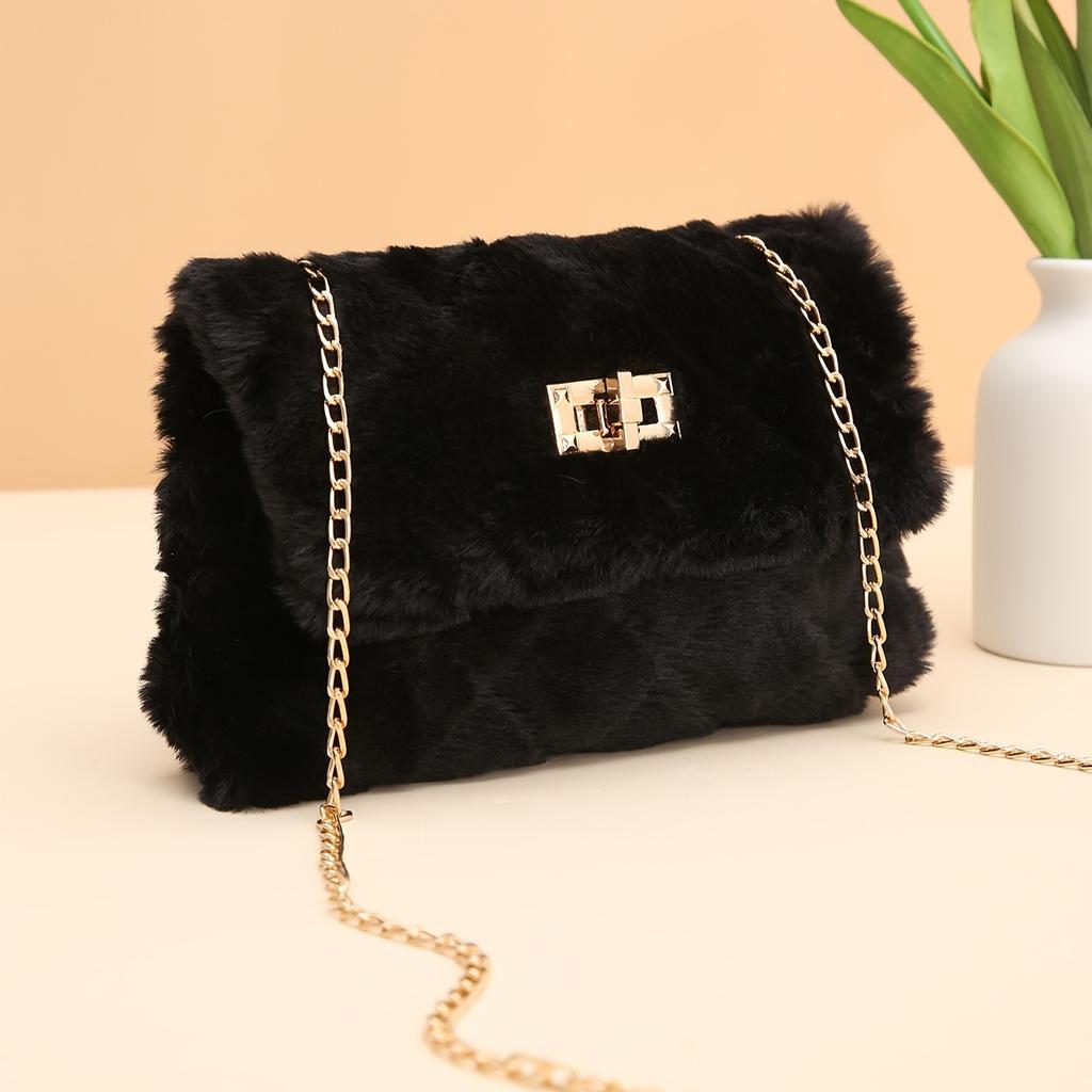 Lightweight Casual Faux Fur Crossbody Bag with Chain Strap and Turn-Lock Closure Fluffy Soft Messenger Shoulder Bag  Removable Strap and Nylon Lining