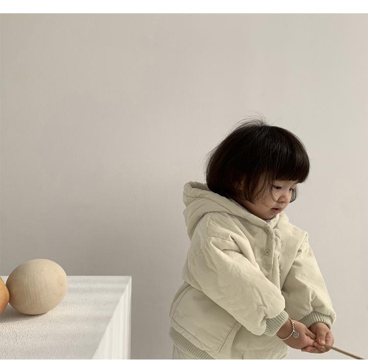 Korean Style Winter Kids' Thick Hooded Cotton Jacket & Pants Set for Girls