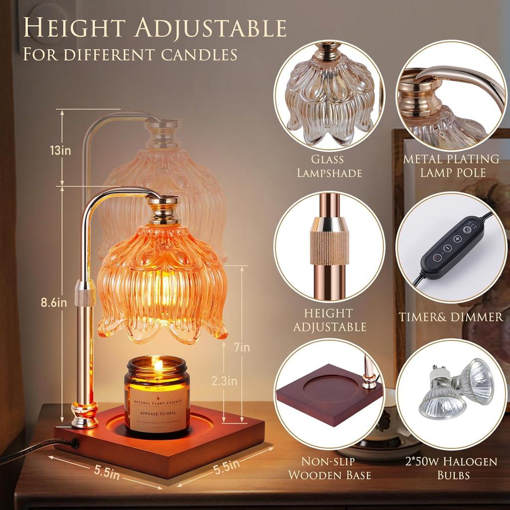 Candle Warmer Lamp with Timer &Dimmer, Adjustable Height Candle Wax Warmer Warming Lamp with 2x50W Bulbs for Scented Candles for Housewarming Bedroom