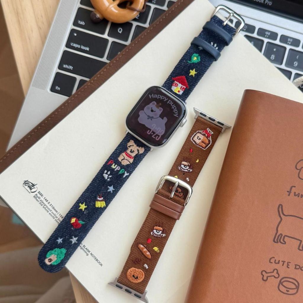 Cartoon Embroidered Denim Leather Watch Strap for Apple Watch Series 11/10/98 Ultra SE