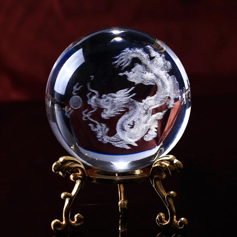 1Set 6/8CM Dragon Crystal Ball 3D Laser Engraved Quartz Glass Sphere Home Decoration Globe Earth Snow Globe Gift