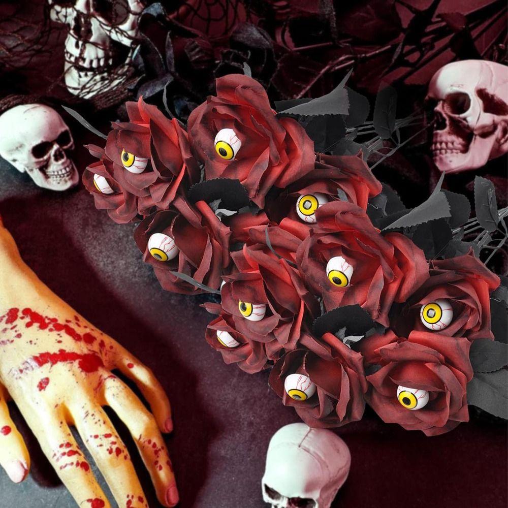 10PCS Funny Eyeball Fake Flower Scary Artificial Rose Flower Halloween Eyeball Rose  Halloween Decor