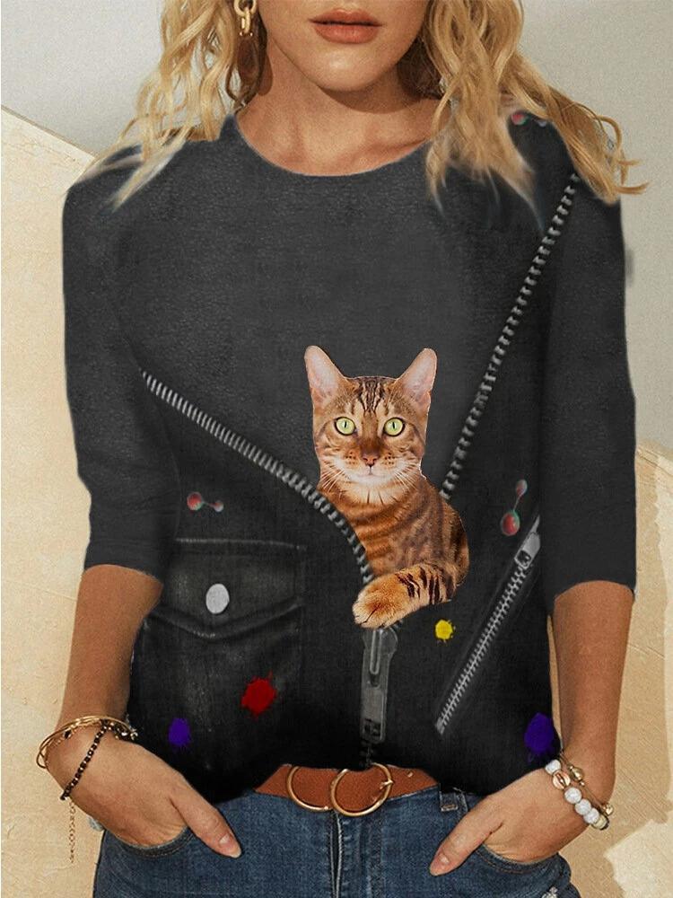 Women's Knitted Long Sleeve Animal Print Round Neck T-Shirt, European and American Style, 2023.