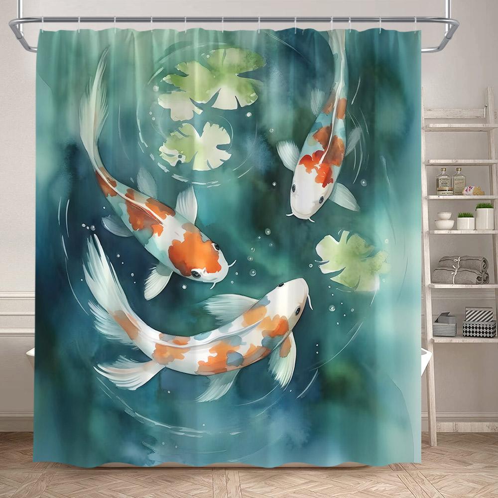 Japanese Style Floral Shower Curtain Pink Cherry Blossom Koi Fish Sea Waves Abstract Mountain Scenery Bathroom Curtain Decor Set