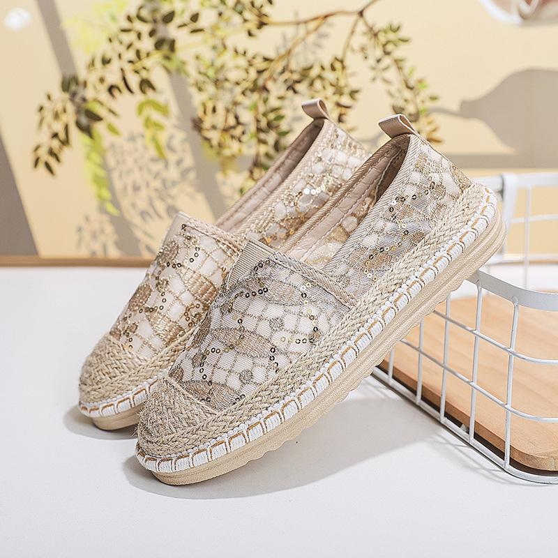Fashion Lace Breathable Fashion Flats for Women Casual Slip On Spring Summer New Weaving Sequins Loafers Mixed Color Flat Single Shoes