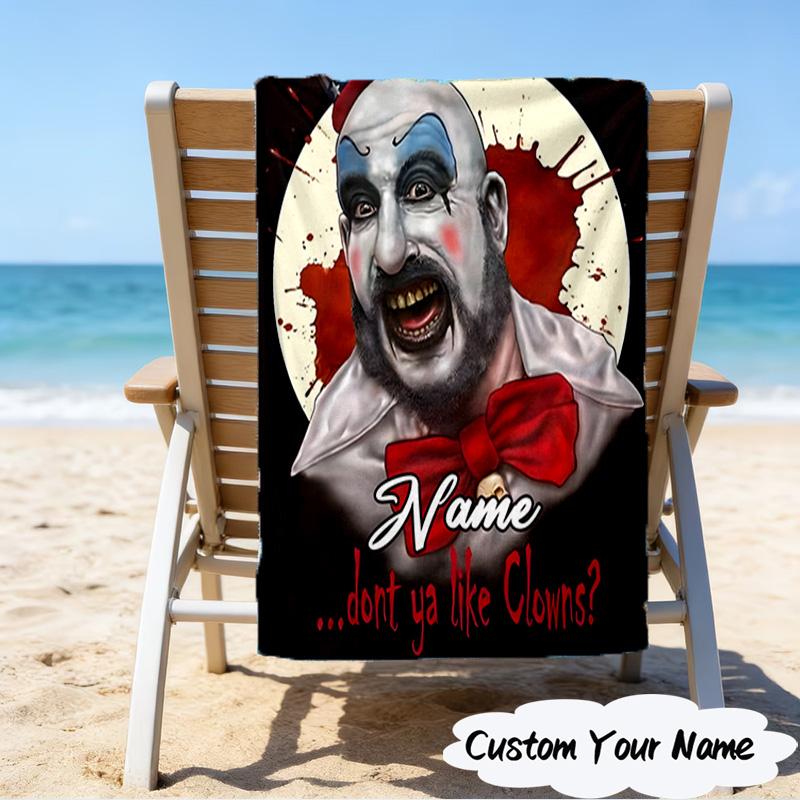 1PC Custom Name Horror Clown Artwork Heart Beach Towel, Lightweight Quick-Dry for Man Woman, for Summer Travel, Swimming Pool Birthday Gift