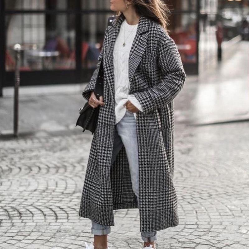 Dámský evropský a americký podzimní vlněný kabát s dlouhým rukávem a klopami s potiskem