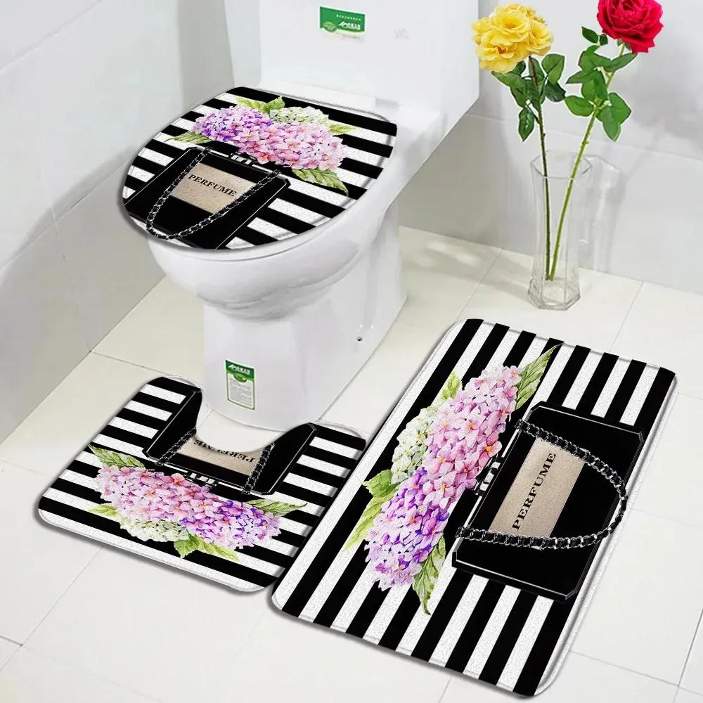 Pink Perfume Bath Mat Set Black White Striped Fashion High Heel Woman Girl Home Carpet Bathroom Decor Non-slip Rug Toilet Cover