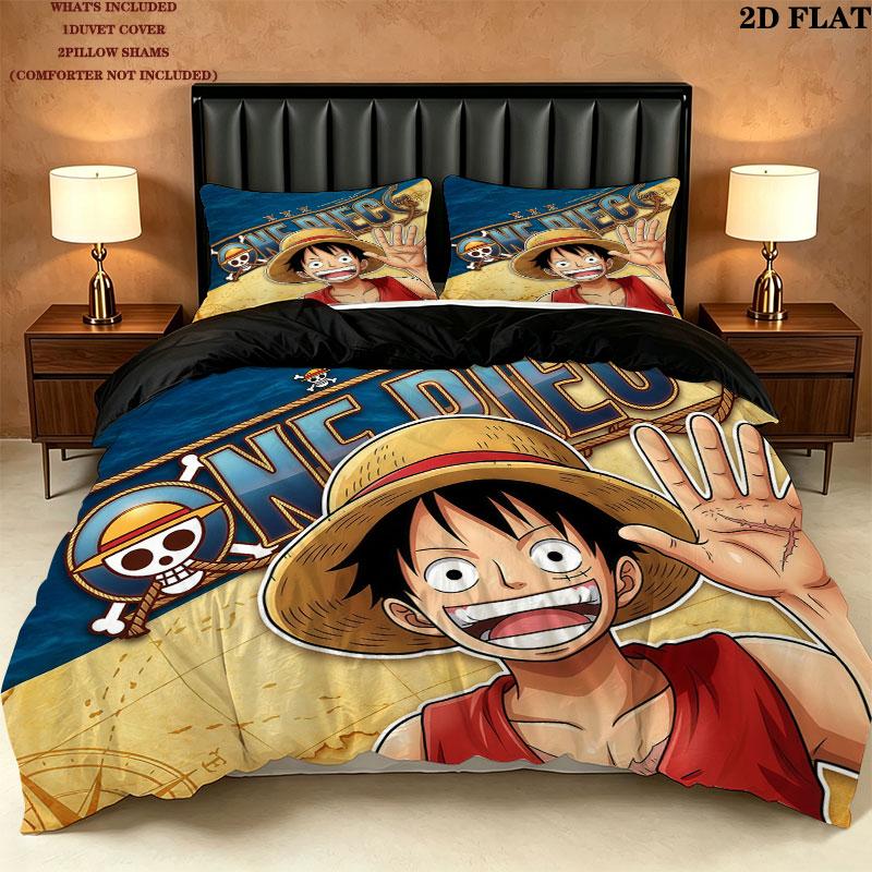 Pościel z nadrukiem One Piece Zestaw kołdry Poszewka na kołdrę Poszewka na poduszkę Domowy prezent urodzinowy(1 * poszwa na kołdrę + 2 * poszewki na poduszki, bez rdzenia)