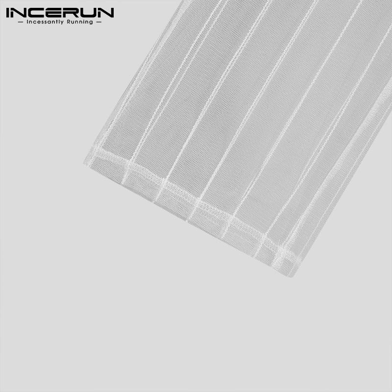INCERUN 2PCS Summer Mens Fashion Sheer Mesh Long Sleeve Shirts & Long Pants Sets Slim Fit Party Loungewear S-5XL