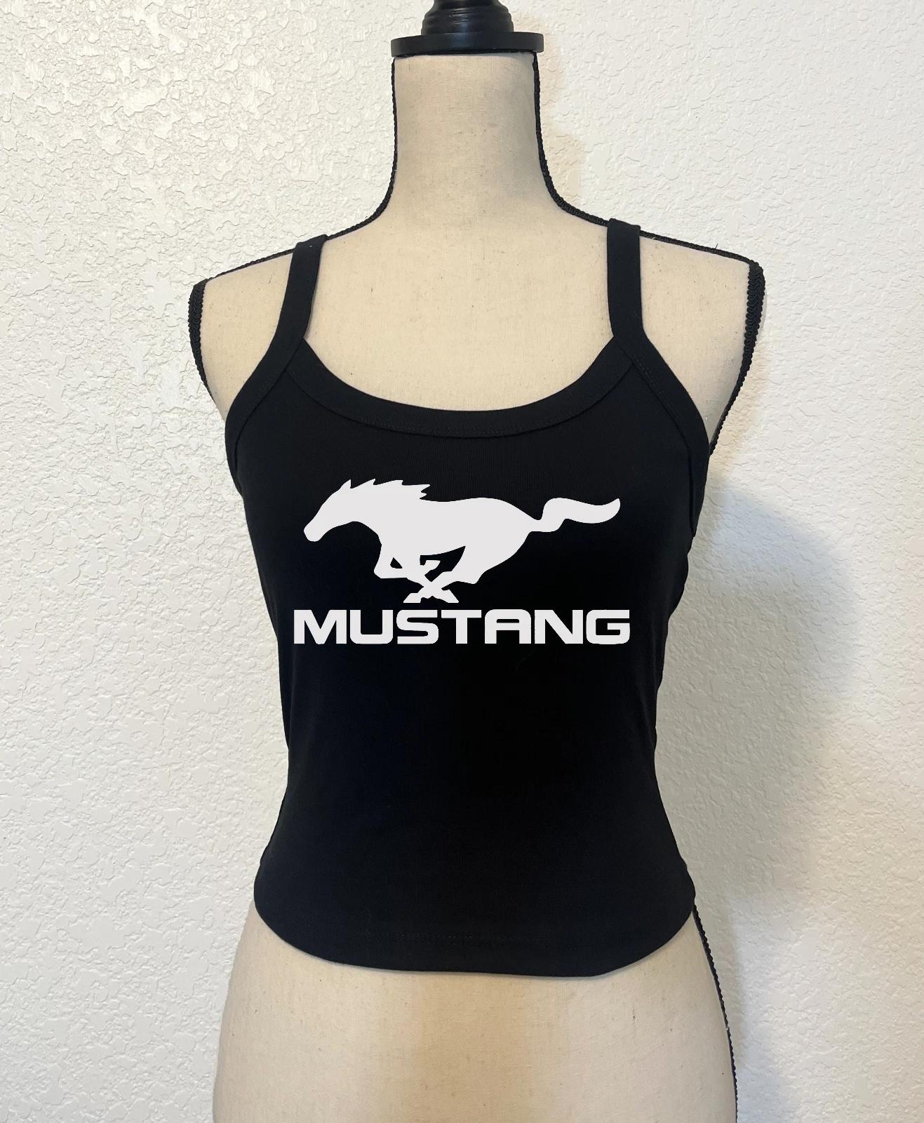 

Black ribbed car lover shirt white mustang tank top semi cropped women s197 s550 M