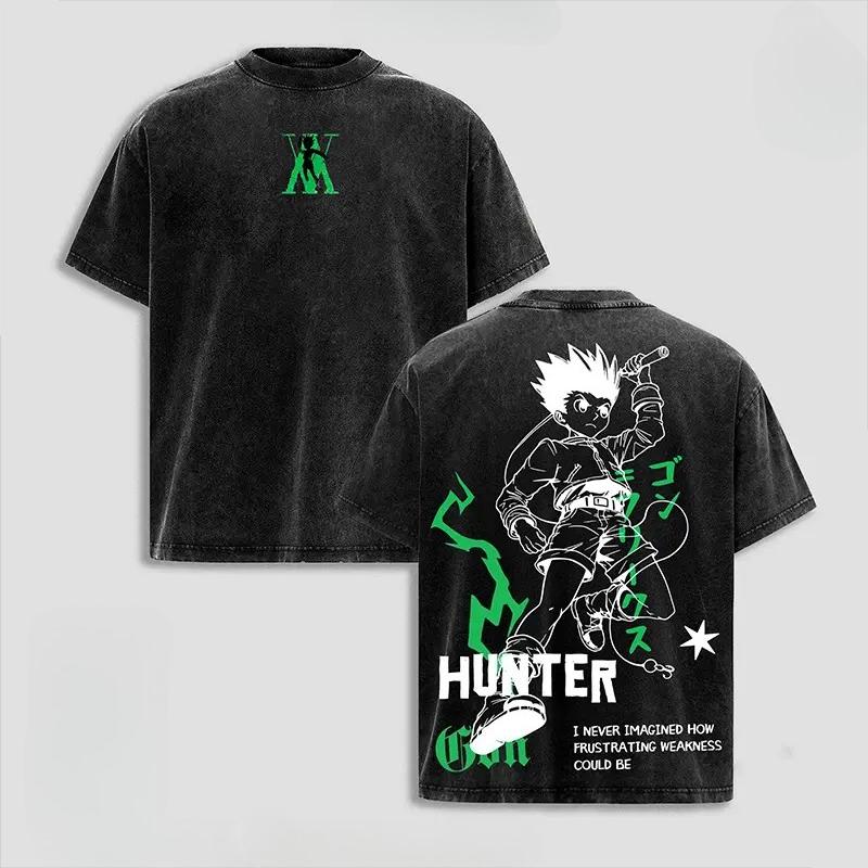 Hot Anime Hunter X Hunter Gon Freecss Print T-shirt Men Short Sleeve Clothing Cotton Tshirt Retro Washed T Shirt Male Manga Tops