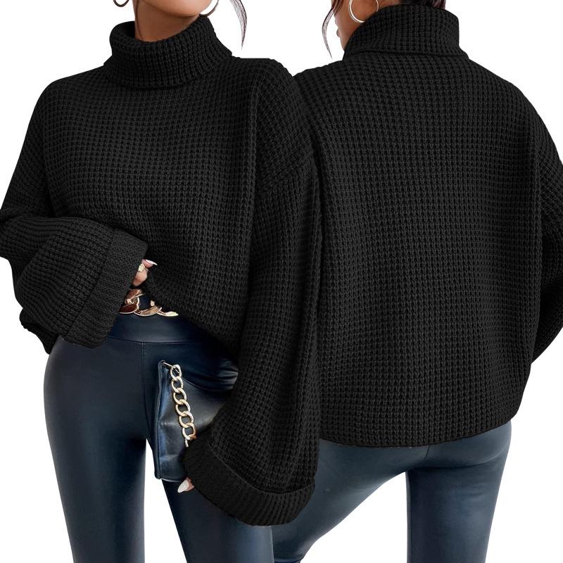 MD1006 European Women's Knitwear High Neck Bell Sleeve Pullover Sweater