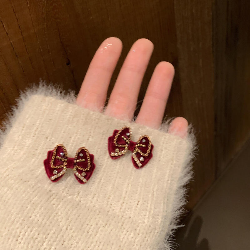 2026 Red Vintage Velvet Bowknot Earrings for Women Girls Trendy Exquisit Pearl Cystal Stud Earrings Holiday Jewelry Accessories