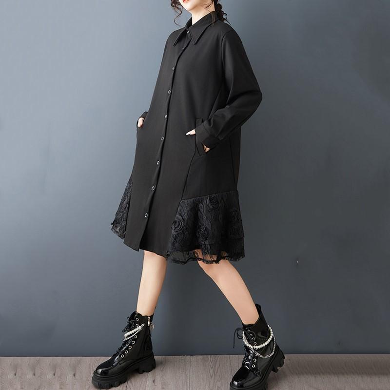 Long Sleeve Plus Size Black Vintage Floral New In Dresses for Women Casual Loose Midi Spring Autumn Shirt Dress