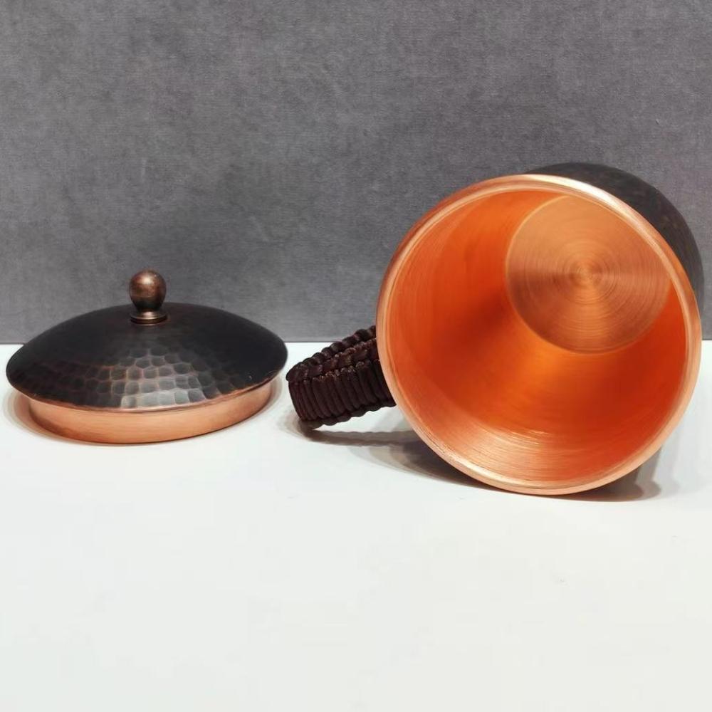 Handcrafted Vintage Copper Coffee Cup,Engraving Hammer Texture With lid 300 ml Milk Tea Beer Mug,Woven Handle Tea Cup Tableware