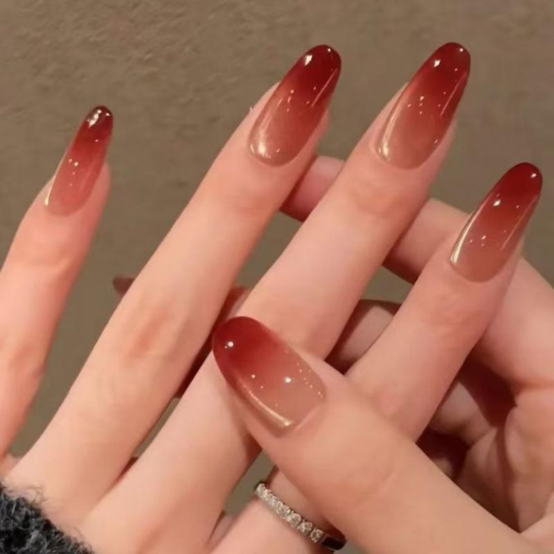 Elegant Red Gradient Cat Eye Press-On Nail Set - Sheer Pomegranate Wedding Collection M (For plump hands or tall individuals)