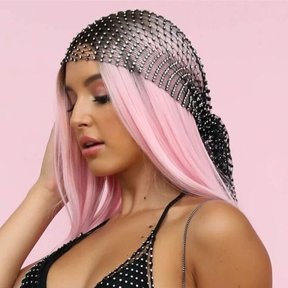 Fashion Elastic Rhinestone Hat Ball Cosplay Mesh Rhinestone Pirate Hat Hollow Out Snood Scarf Cap Women
