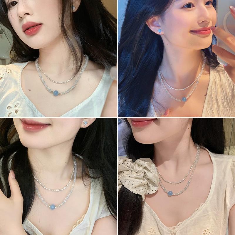 Bee Mom Handmade Large Sea Blue Agate White Crystal Necklace for Women, High-end Light Luxury Elegant Collarbone Chain for Summer