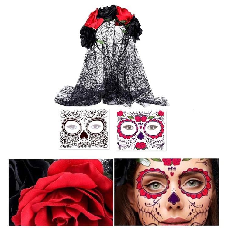 3 Stück Día de los Muertos Kostüm Zuckerschädel Kostüm Blumen Stirnbänder Rosen Temporäre Tätowierte Gesicht Aufkleber für Frauen
