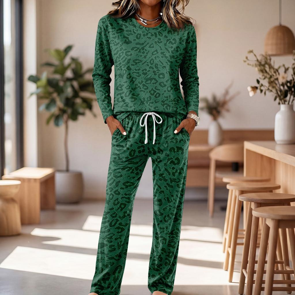 Casual Pajama Set with Long Sleeve Round Neck Top and Wide Leg Pants for Home Lounging