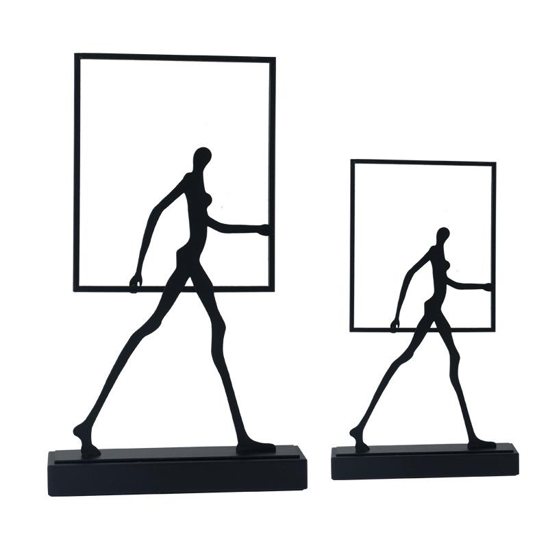 Home Decor Statues Metal Handicraft Abstract Wrought Iron Figures Square Frame Walking People Portrait Cropping Figurines Decor