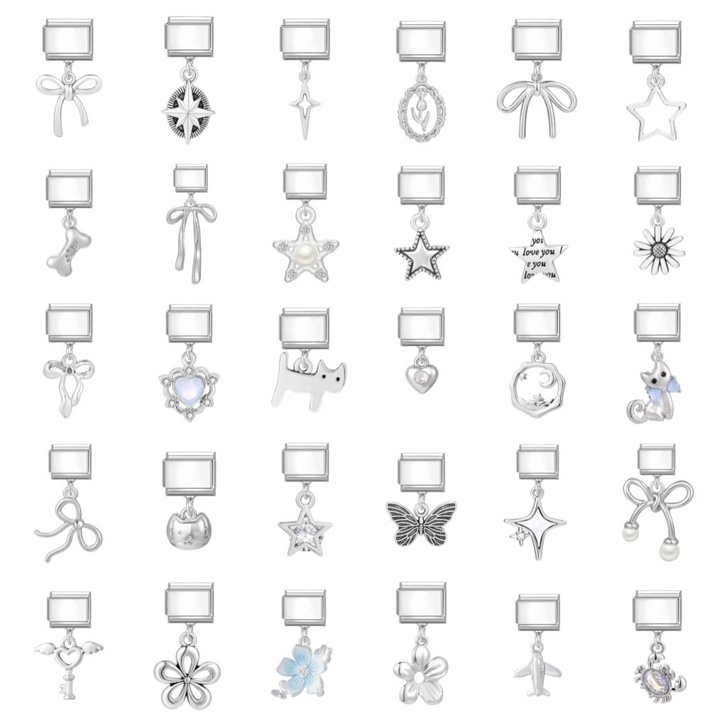 Glitter Bow Cat Butterfly Crab Star Flower Pendant Italian Charm Links Fit 9mm Stainless Steel Bracelet Women DIY Making Jewelry