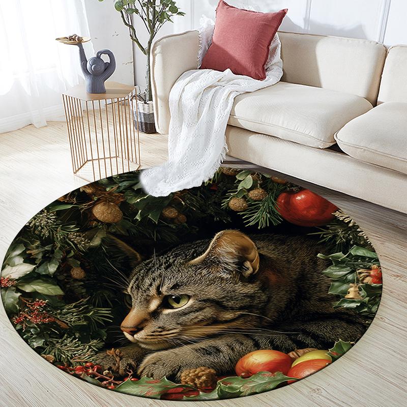 Christmas cat pattern round rug,Carpet Rug for Living Room Bedroom Playroom ,Non-slip Floor Mat,Holiday Gifts and Birthday Gifts.