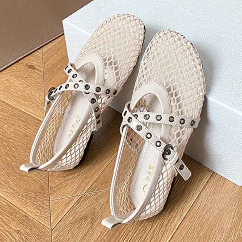 Fashion Fashion Cross Tied Belt Buckle Ballet Flats Women Comfortable Hollow Mesh Mary Jane Shoes Breathable Non-slip Beach Casual Shoes
