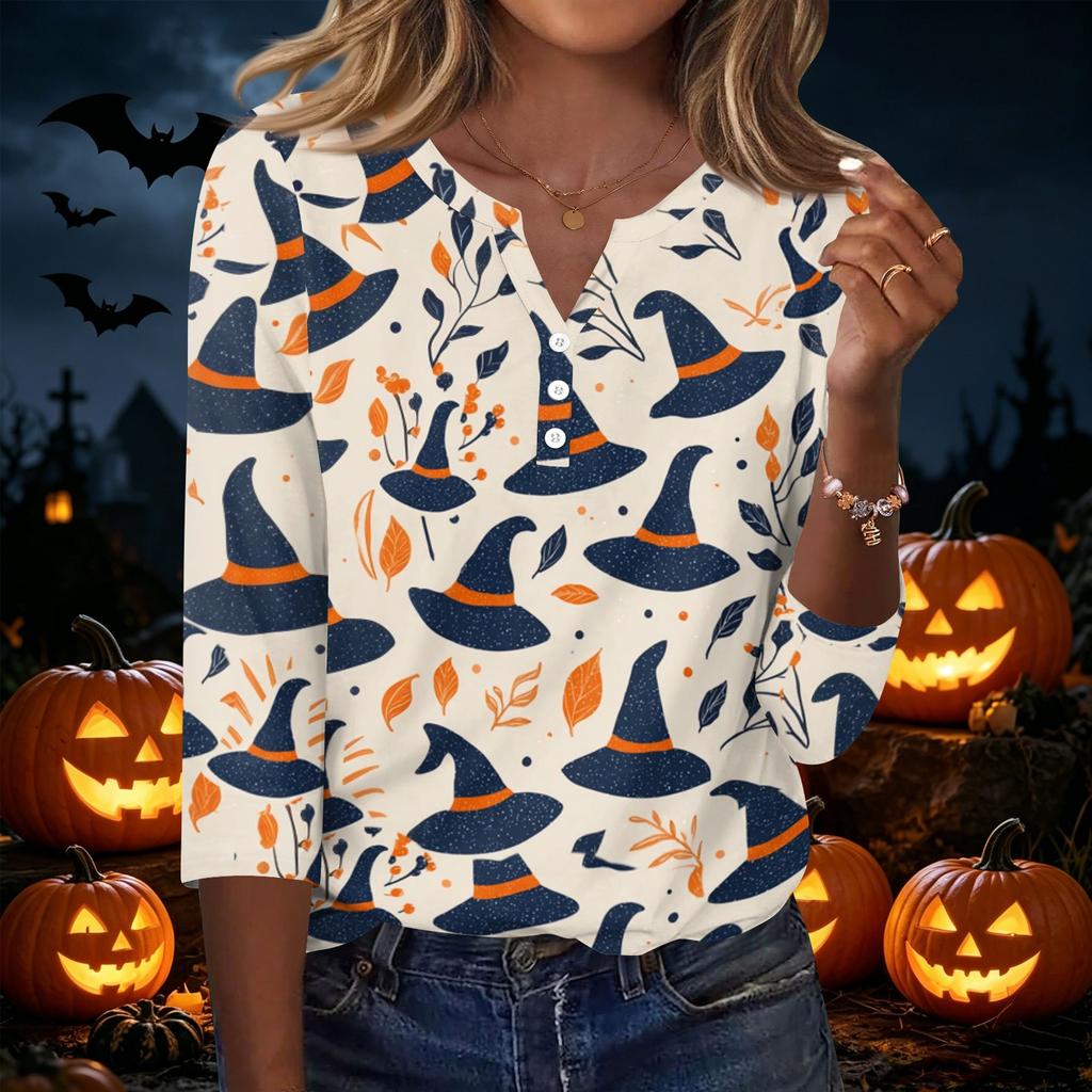 Women's Halloween Printed V Neck Button Front Three Quarter Sleeve Casual Top Lightweight Soft Fabric Comfortable Fit
