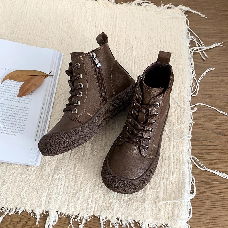 New Leather Ankle Boots Women's Laced Up Waterproof Shoes Ladies Wide Fit Short Boots Woman Oxfors Shoes Brown Booties