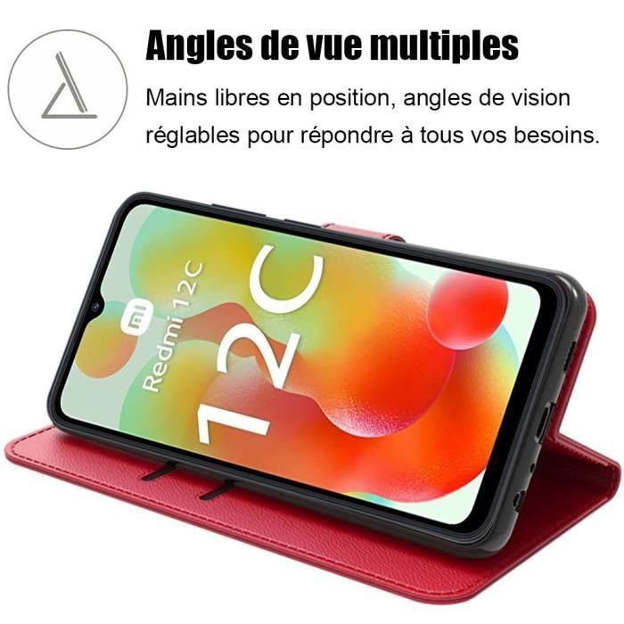 Coque + 2 Verres Trempés pour Xiaomi Redmi 12C-11A, Coque Effet Cuir Rouge Fermeture Magnétique