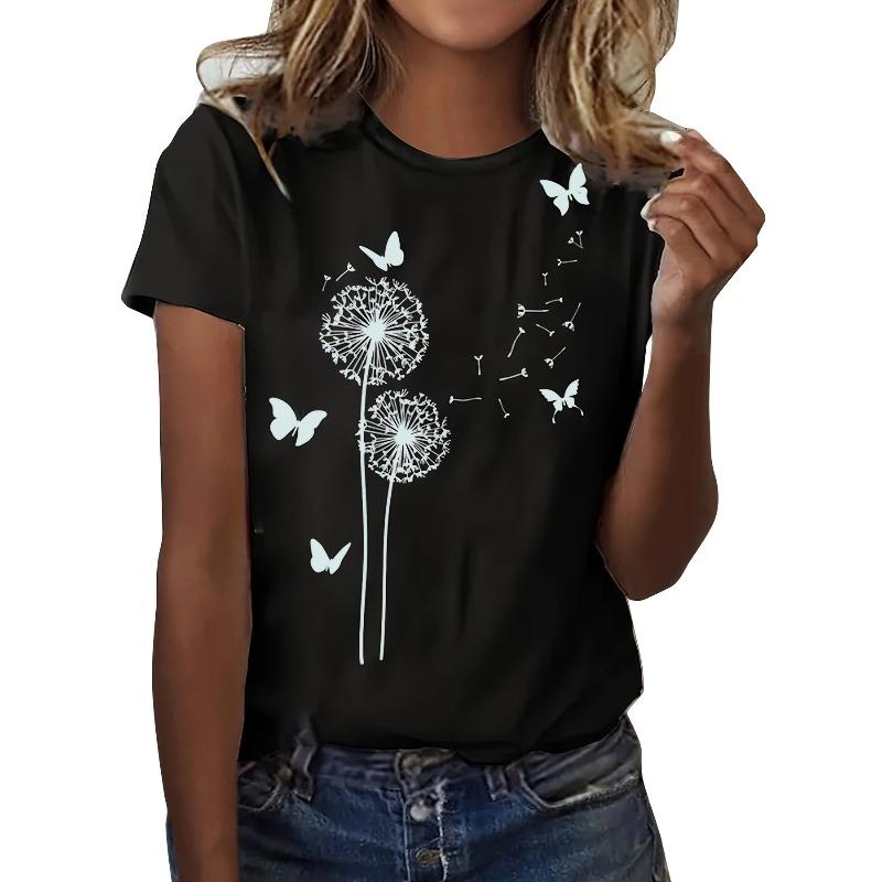 European sizes Dandelion & Butterfly Print T-Shirt, Casual Crew Neck Short Sleeve Top For Spring & Summer, Women's Clothing