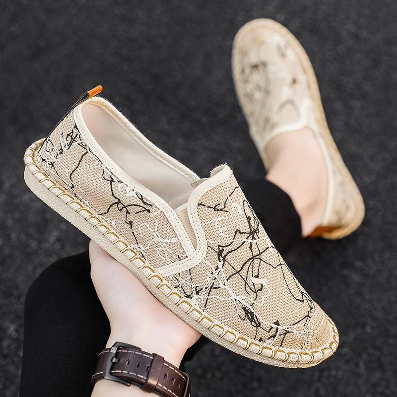 2024 New Classic White Men's Fisherman Loafers Fashion Print Canvas Shoes Man Flats Espadrilles Breathable Male Summer Footwear