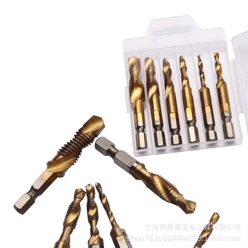6-Piece Titanium-Plated HSS Taper Tap Set with Hex Shank for Drilling, Tapping, Chamfering, and Hole Opening