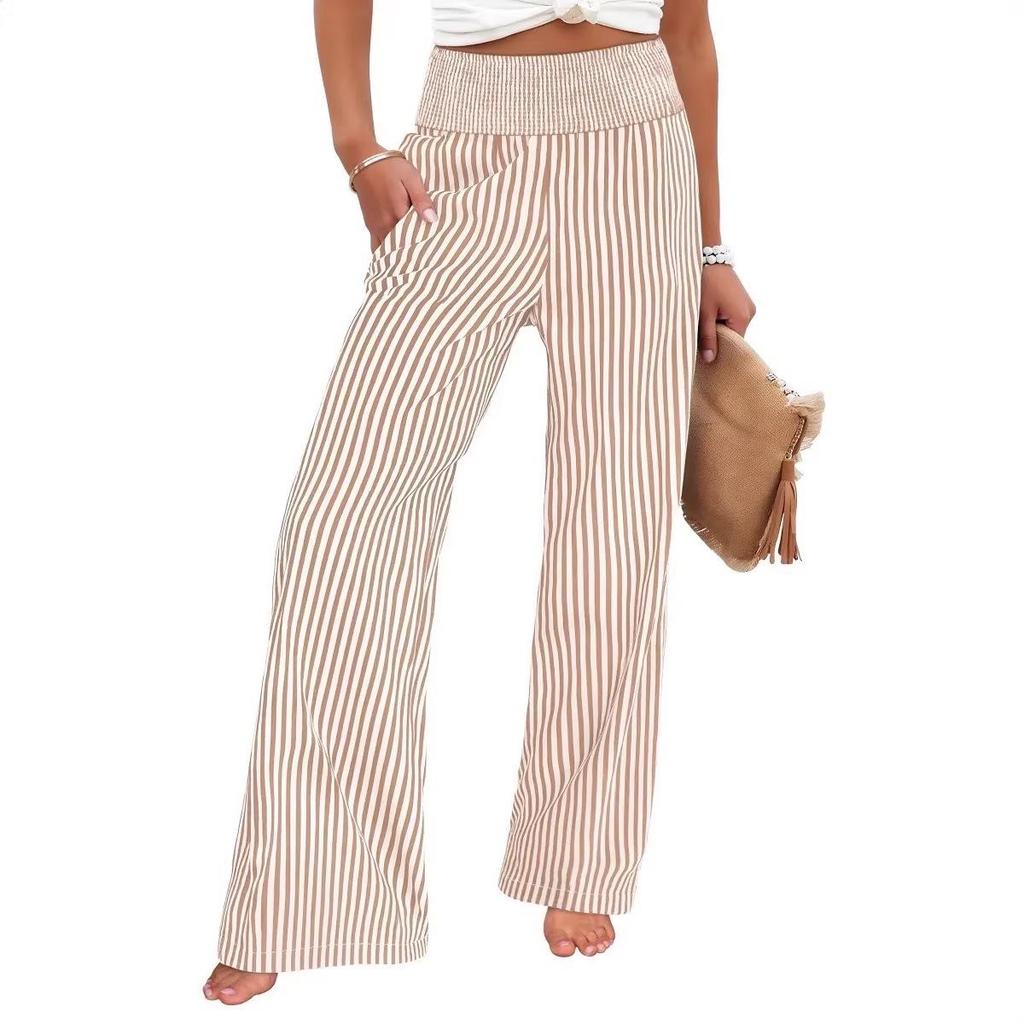 2026 Women's Loose Striped Smocked Cotton Linen Casual Pants