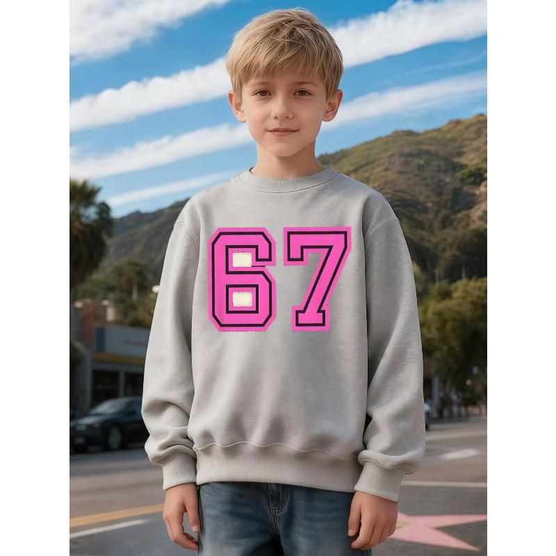 Unisex Kids Crewneck Sweatshirt, Pink Double Outline Number 67 Print Long Sleeve Pullover, Boys Girls Birthday Sweatshirt For Kids Over 4 Years Old