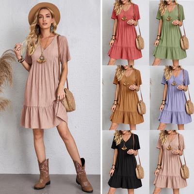 Womens Short Sleeve V Neck Mini Dress Ladies Pleated Ruffle Baggy Solid Dresses