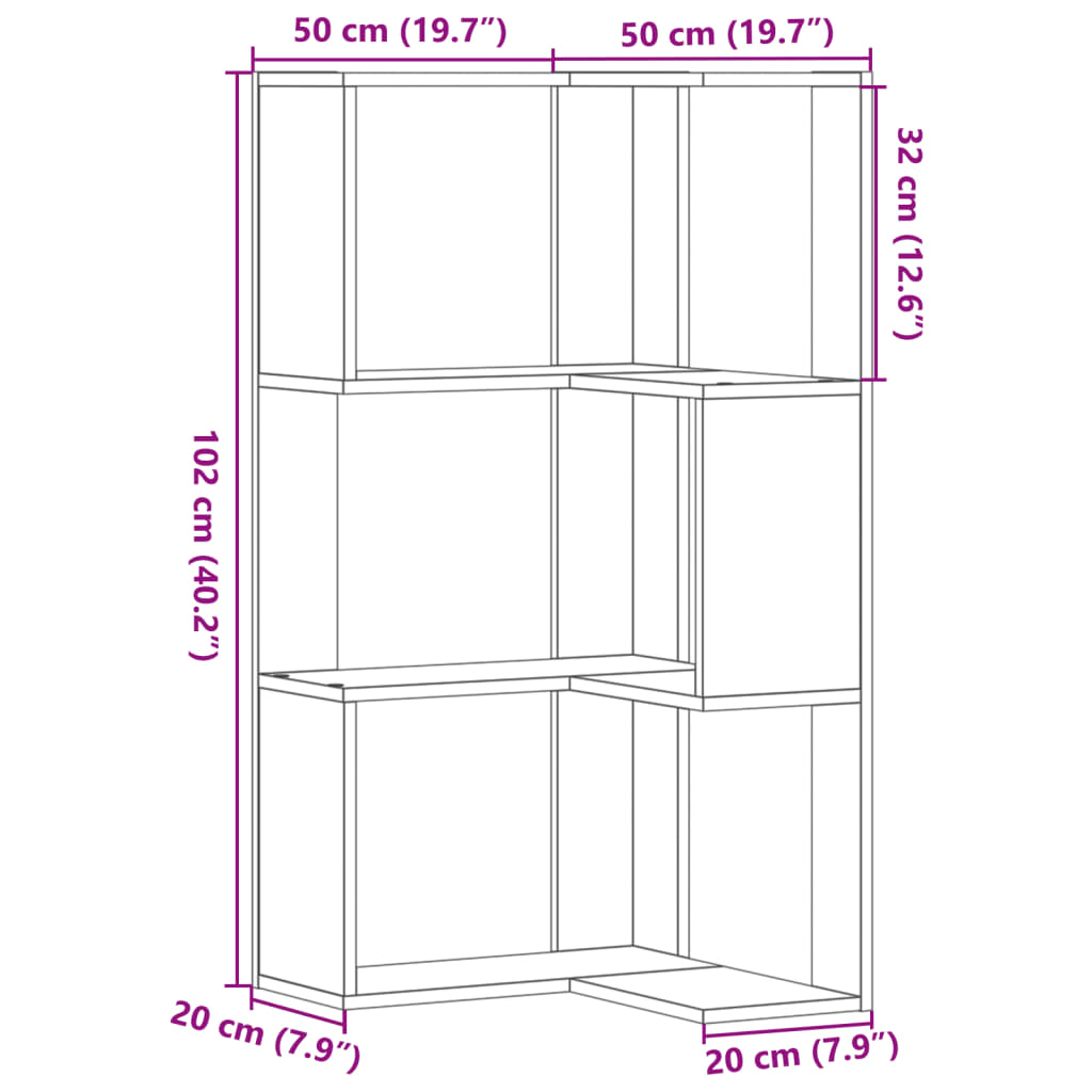 Corner Bookshelf 3 Shelves Sonoma Oak Finish 50 X 50 X 102 Cm Engineered Wood