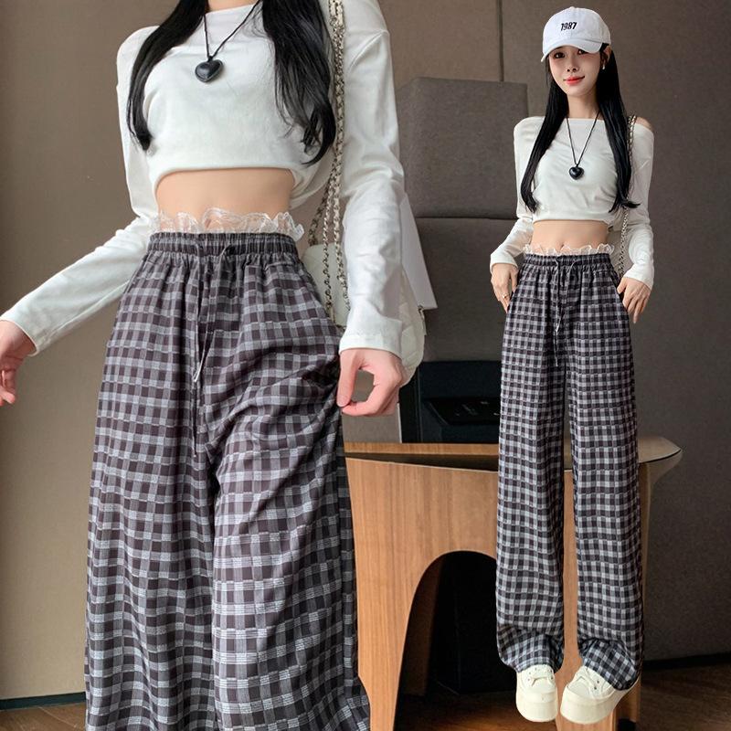 

Кружевные кружевные брюки в клетку с завышенной талией, повседневные летние ленивые широкие брюки, тонкие драпирующиеся прямые брюки XXL