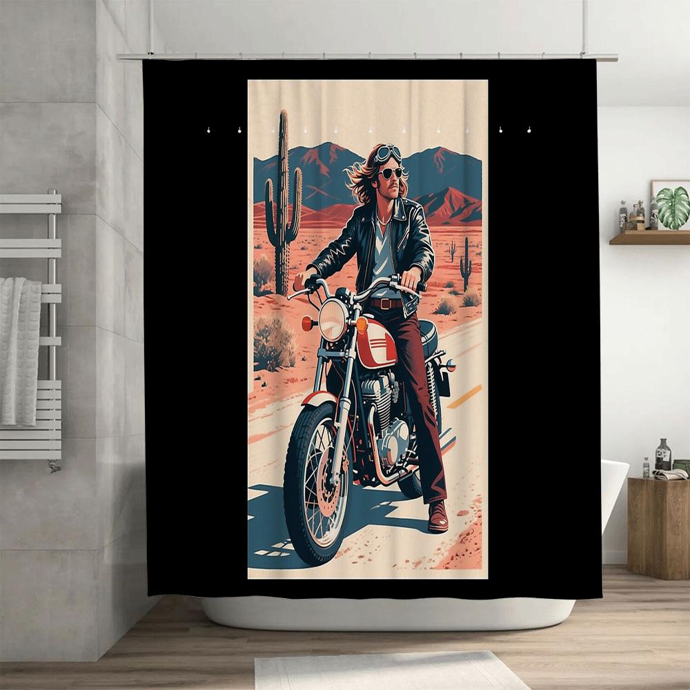 Motorcycle Rider Shower Curtain Motorcycle Lover Gift Vintage Racing Bike Wall Art Bathroom Decor Rocker Musician Cool Black Mot
