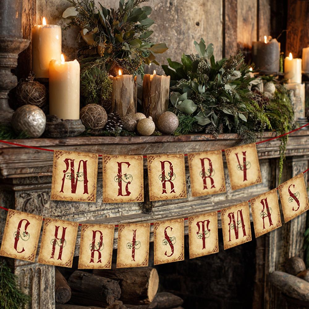 Christmas Decorations - Vintage Merry Christmas Banner - Retro Nostalgic Traditional Old Fashioned Victorian Xmas Holiday Decor