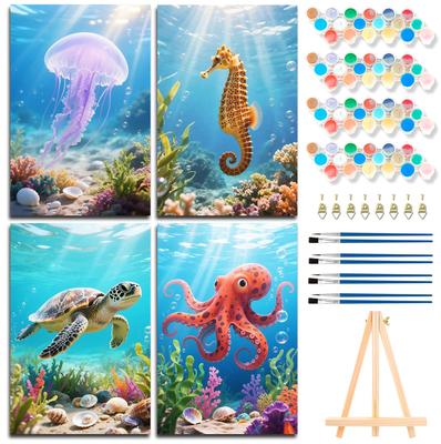 Fokenzary Adult Coloring Kit DIY Sea Turtle Marine Life Canvas Beginner Set with Easel and Acrylic Paints, Framed (20x30cm X 4 Sheets)